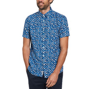 Linen Ecovero Blend Tile Print Short Sleeve Shirt In Imperial Blue