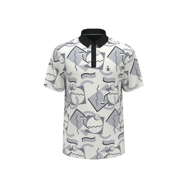 Abstract 80s Print Blocked Short Sleeve Golf Polo Shirt In Bright White