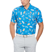 All-Over Oversized Cocktail Print Short Sleeve Golf Polo Shirt In Mediterranian Blue