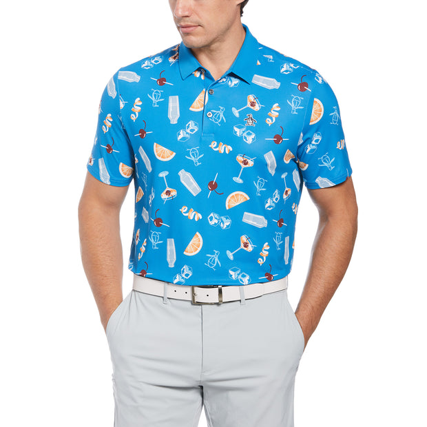 All-Over Oversized Cocktail Print Short Sleeve Golf Polo Shirt In Mediterranian Blue