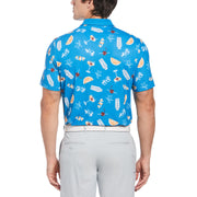 All-Over Oversized Cocktail Print Short Sleeve Golf Polo Shirt In Mediterranian Blue