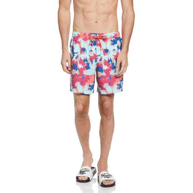 Abstract Floral Swim Shorts In Hot Coral