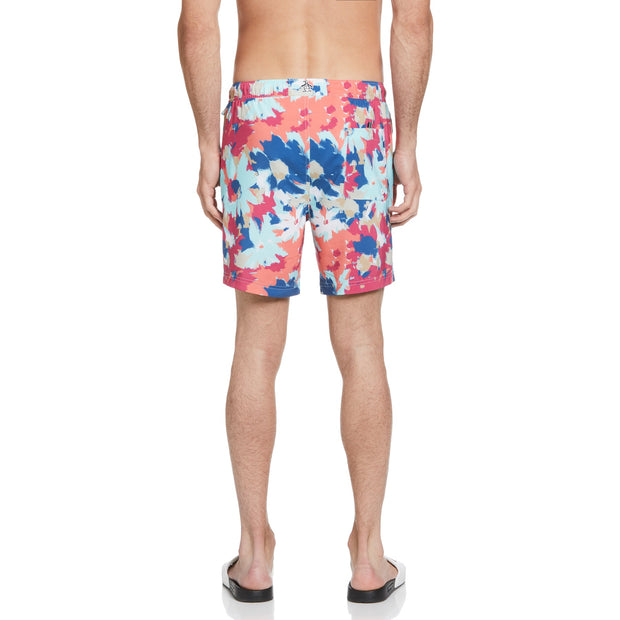 Abstract Floral Swim Shorts In Hot Coral