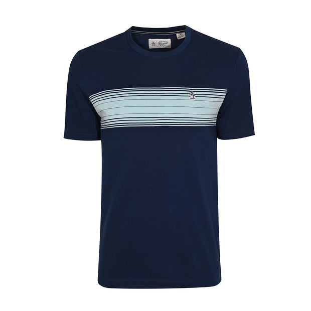 Cotton Pique Chest Striped T-Shirt In Medieval Blue