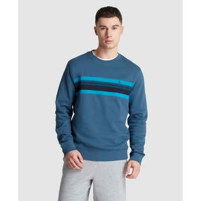 Fleece Chest Stripe Crew Neck Sweater In Blue Wing Teal