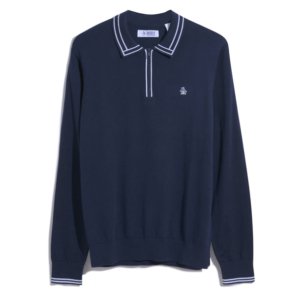 1/4 Zip Cotton Sweater Polo Shirt In Dark Sapphire