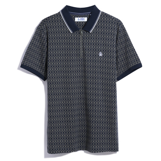 Jacquard Argyle Print 1/4 Zip Polo In Dusty Olive