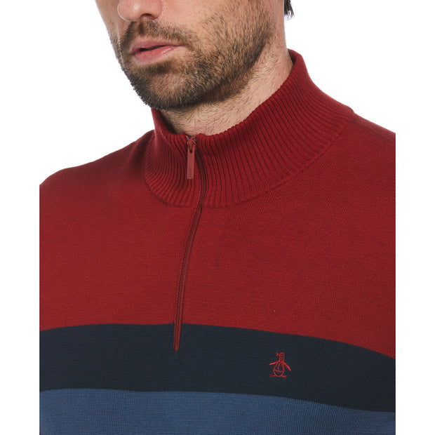 1/4 Zip Colour Block Jumper In Red Dahlia