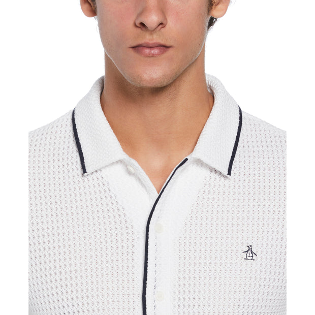 Button Front Textured Earl Polo Shirt In Bright White