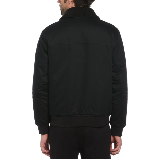 Twill Bomber Jacket With Faux Sherpa In True Black