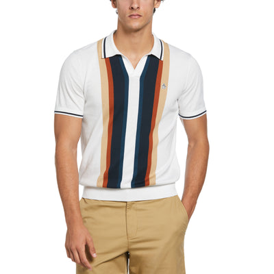 Vertical Stripe Johnny Collar Sweater Polo Shirt In Bright White