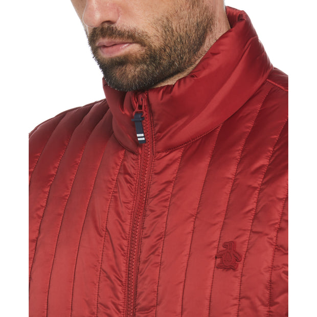 Poly Fill Vertical Channel Gilet In Red Dahlia