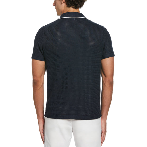 Button Front Textured Earl Polo Shirt In Dark Sapphire