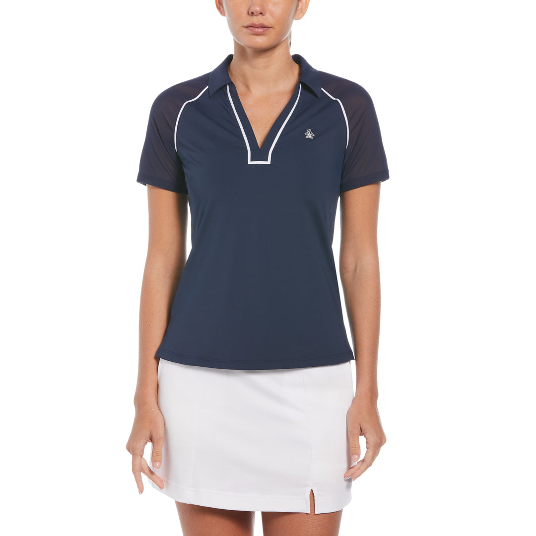 V Neck Mesh Block Short Sleeve Golf Polo Shirt with Contrast Piping In Blue Original Penguin