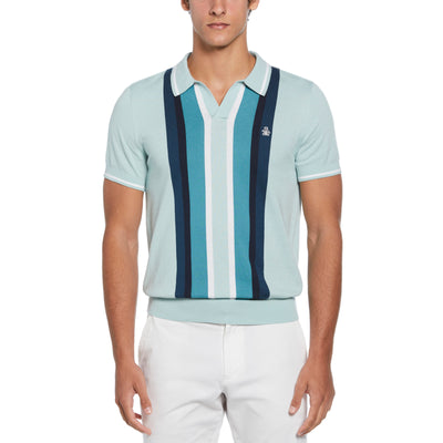 Vertical Stripe Johnny Collar Sweater Polo Shirt In Blue Haze