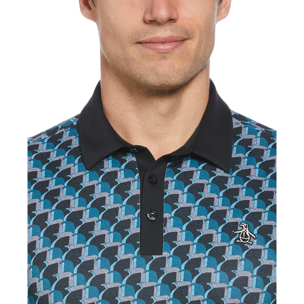 All Over Penguin Print Golf Polo Shirt In Caviar