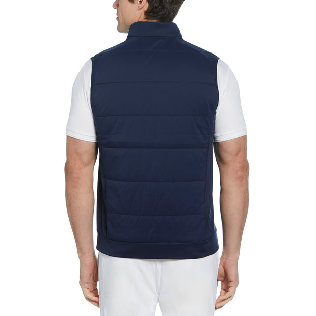 Retro Colour Block Mixed Media Insulated Golf Gilet In Black Iris