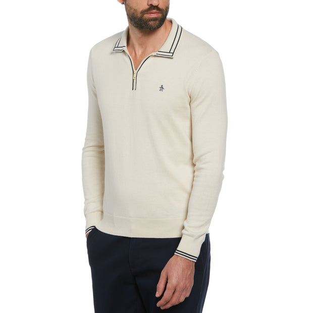 1/4 Zip Cotton Sweater Polo Shirt In Birch