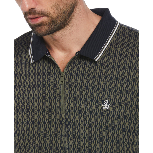 Jacquard Argyle Print 1/4 Zip Polo In Dusty Olive