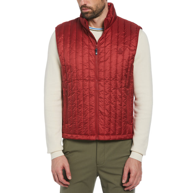 Poly Fill Vertical Channel Gilet In Red Dahlia