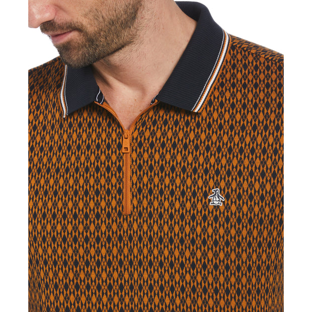 Jacquard Argyle Print 1/4 Zip Polo In Sudan Brown