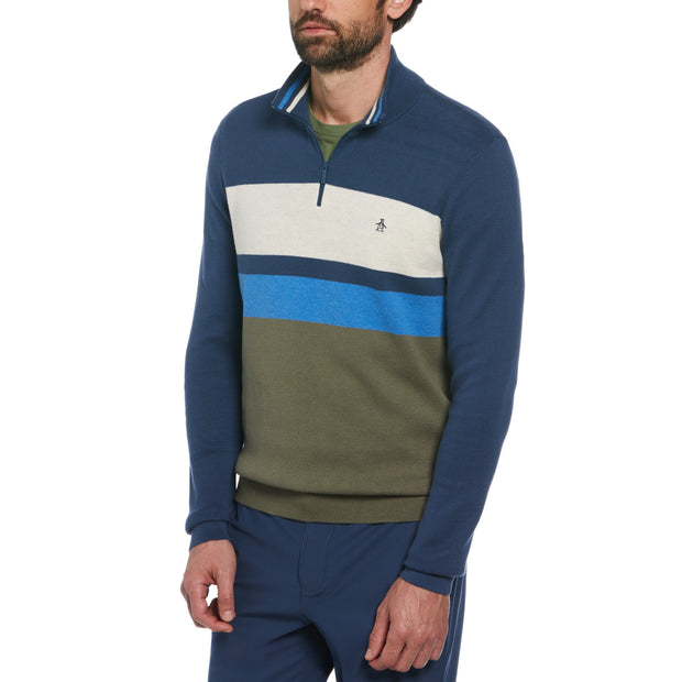 Chest Stripe 1/4 Zip Sweater In Dusty Olive