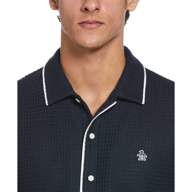 Button Front Textured Earl Polo Shirt In Dark Sapphire