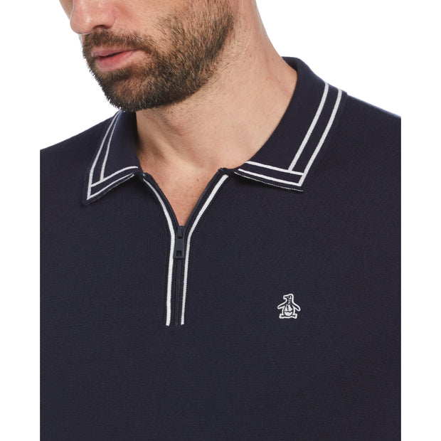 1/4 Zip Cotton Sweater Polo Shirt In Dark Sapphire