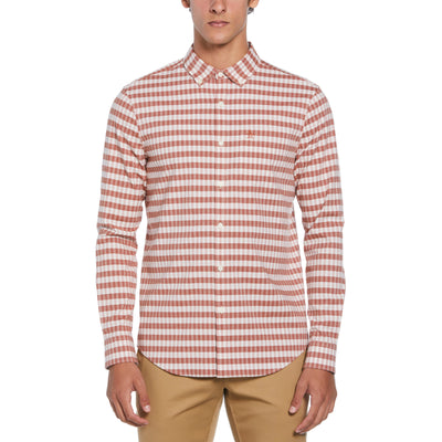 Long Sleeve Eco Chambray Stretch Plaid Shirt In Ginger Bread