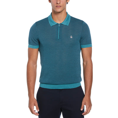 All Over Jaquard 1/4 Zip Sweater Polo Shirt In Teal