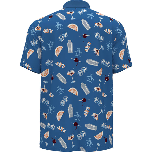 All-Over Oversized Cocktail Print Short Sleeve Golf Polo Shirt In Mediterranian Blue