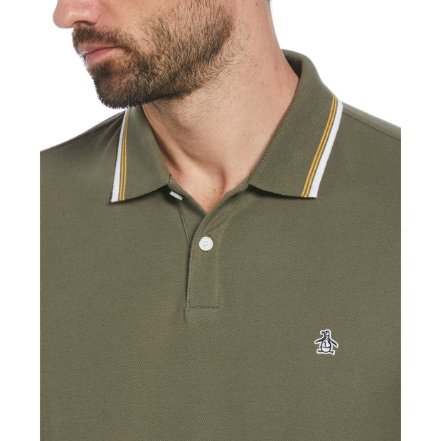 Organic Cotton Pique Polo Shirt With Tipped Collar In Dusty Olive