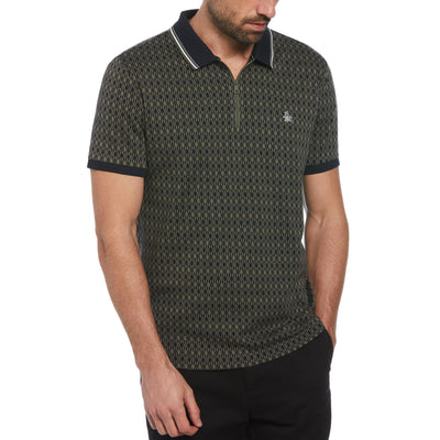 Jacquard Argyle Print 1/4 Zip Polo In Dusty Olive