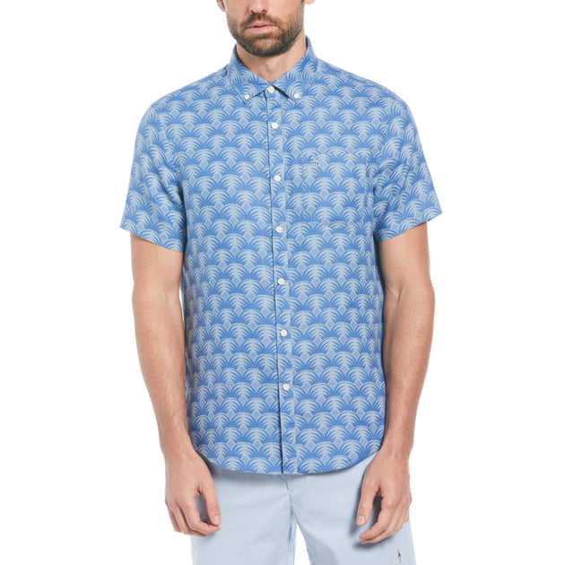 Delave Linen Geometric Palm Print Short Sleeve Button-Down Shirt In ...