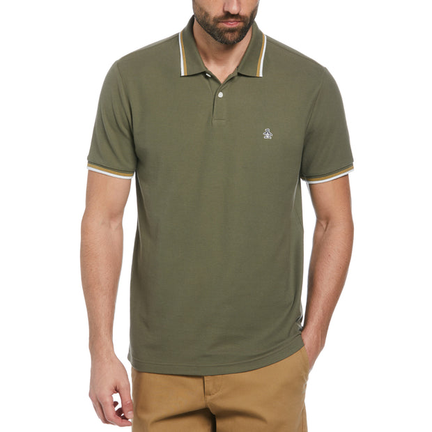 Organic Cotton Pique Polo Shirt With Tipped Collar In Dusty Olive