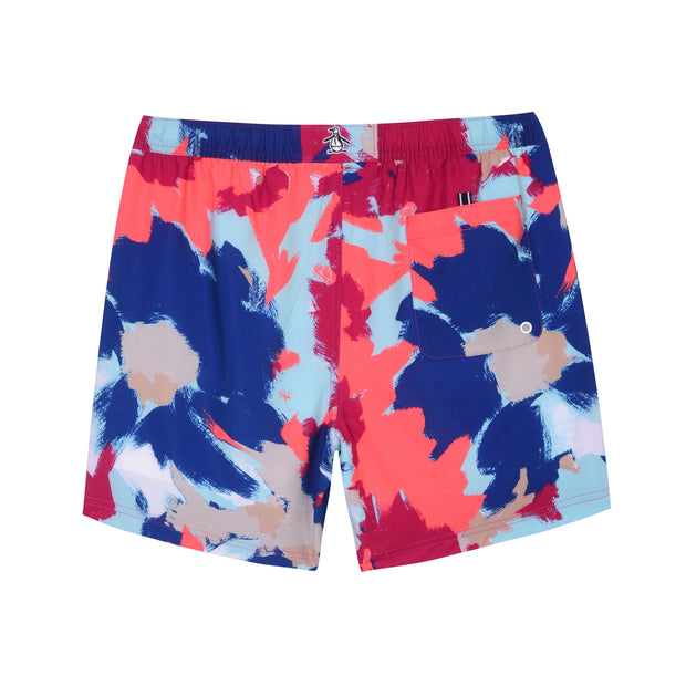 Abstract Floral Swim Shorts In Hot Coral