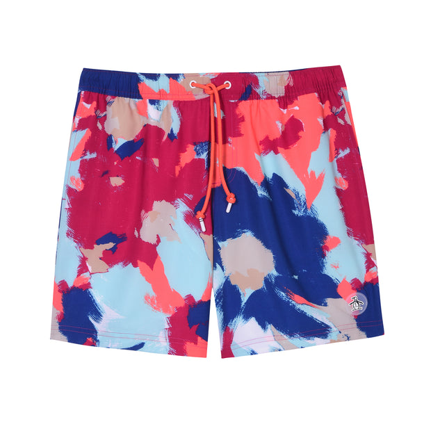 Abstract Floral Swim Shorts In Hot Coral