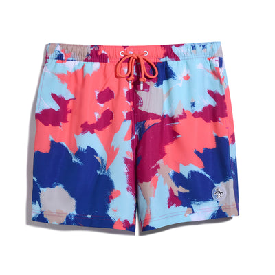 Abstract Floral Swim Shorts In Hot Coral