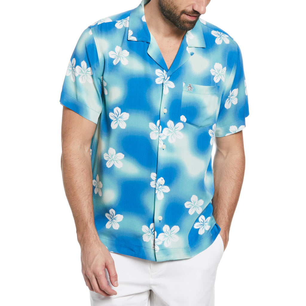 Ecovero Watercolor Floral Print Camp Collar Shirt In Imperial Blue