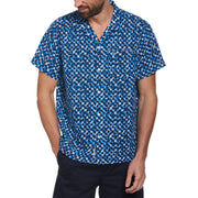 Linen Ecovero Blend Tile Print Short Sleeve Shirt In Imperial Blue