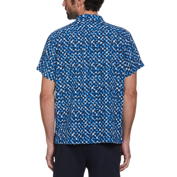 Linen Ecovero Blend Tile Print Short Sleeve Shirt In Imperial Blue